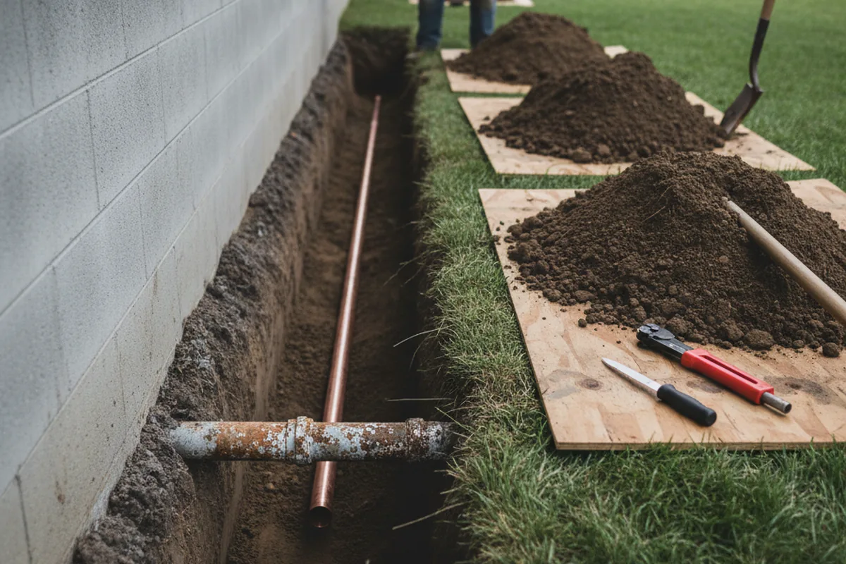 Excavated water line trench during Water Heater Repair in Rice